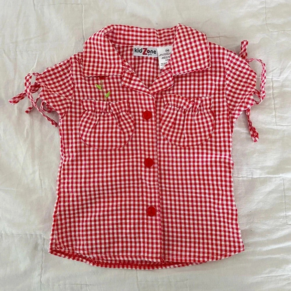 Vintage Kids Zone Red Picnic Checkered Gingham Puff Sleeve Top Shirt Size 18M - Picture 2 of 5